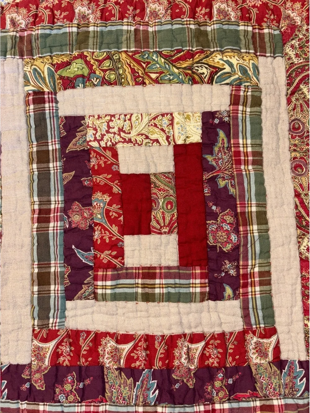 Vintage 2009 Pottery Barn Log Cabin Patchwork Pillow Shams Set Red Plaid Paisley